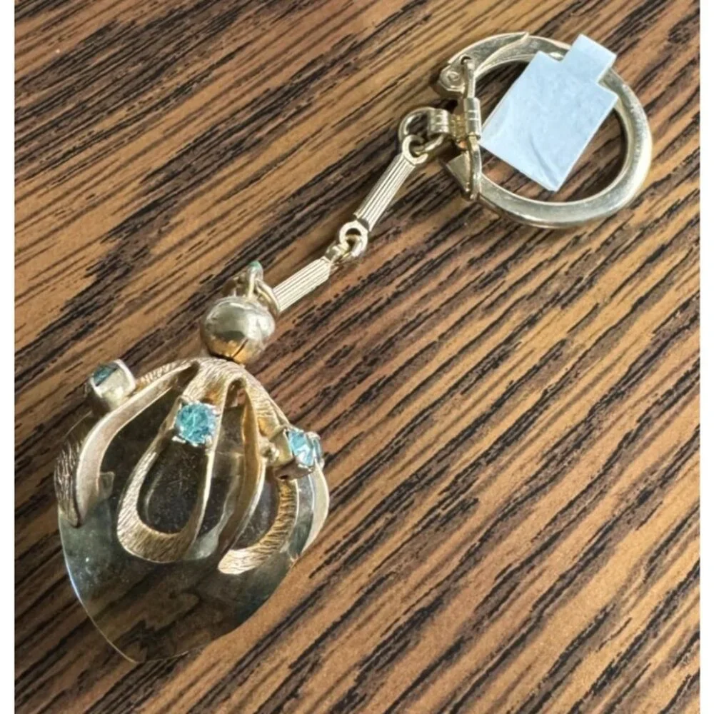 Vintage Faceted Glass Heart Keychain Curved Oval Rhinestone Mounting FOB